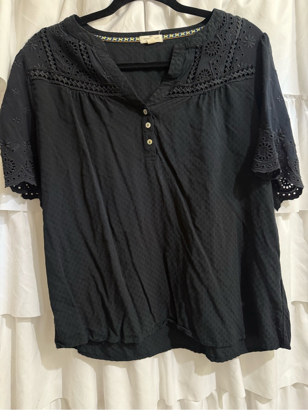 Black Eyelet Sleeve Henley Blouse - Lightweight Casual Top